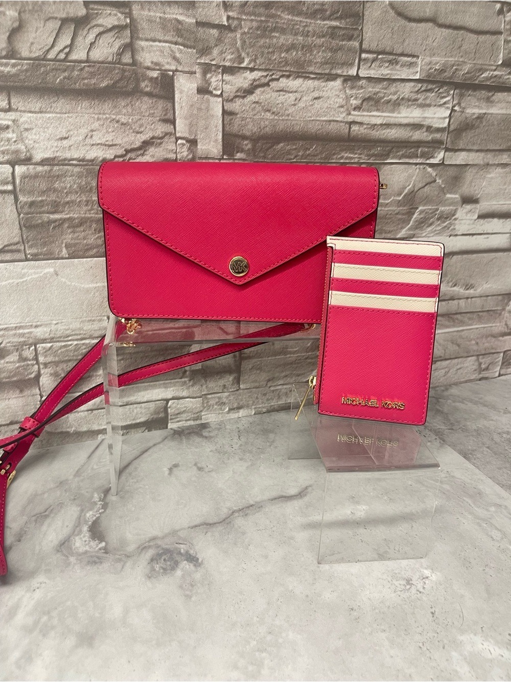 Michael Kors Saffiano Leather Envelope Crossbody & Matching Wallet Electric Pink